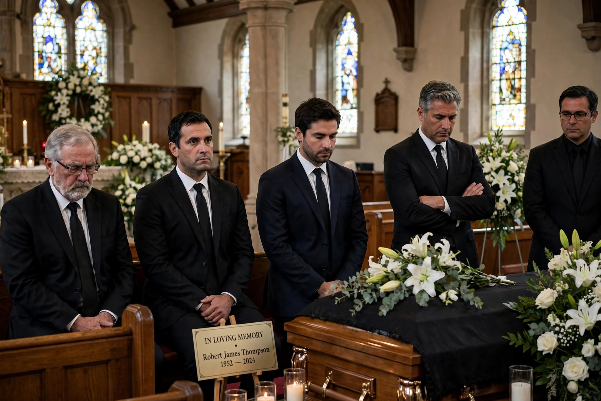 People in formal suits gathered inside a church