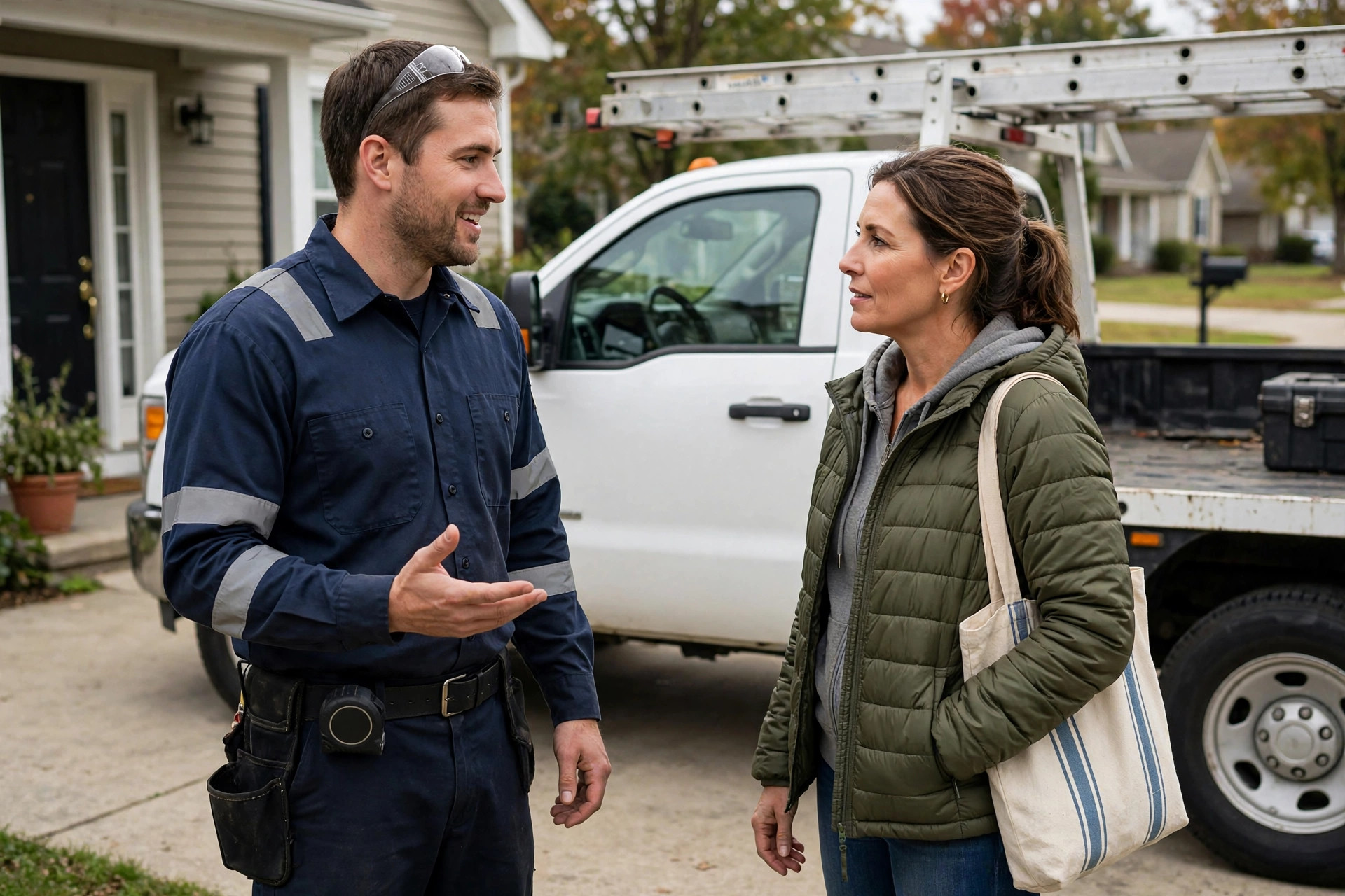 A home-repair professional talking with a customer beside a service truck