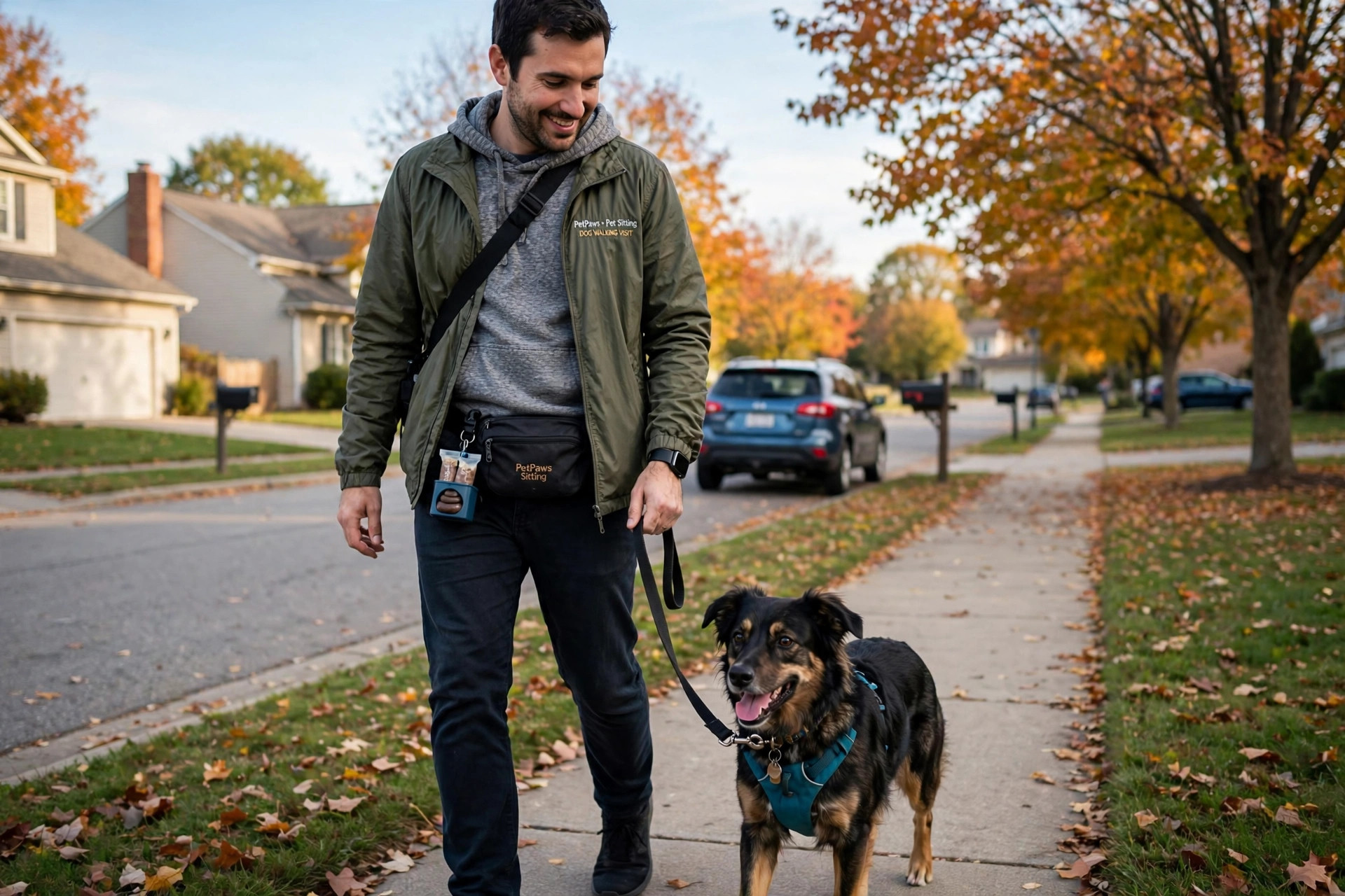 A pet sitter walking a happy dog during a neighborhood visit